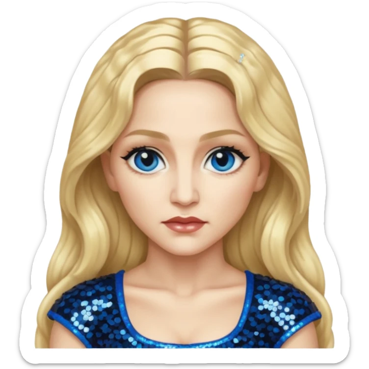 Madonna with blonde long hair, black sequin crop top, blue eye sticker