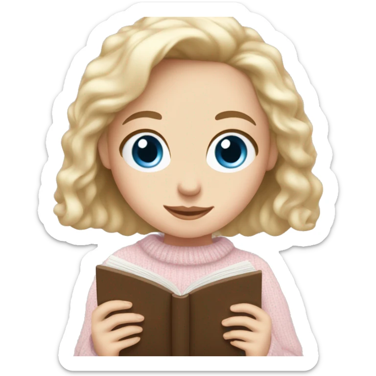 Pretty blue eyed white girl with light pink sweater reading cozy sticker