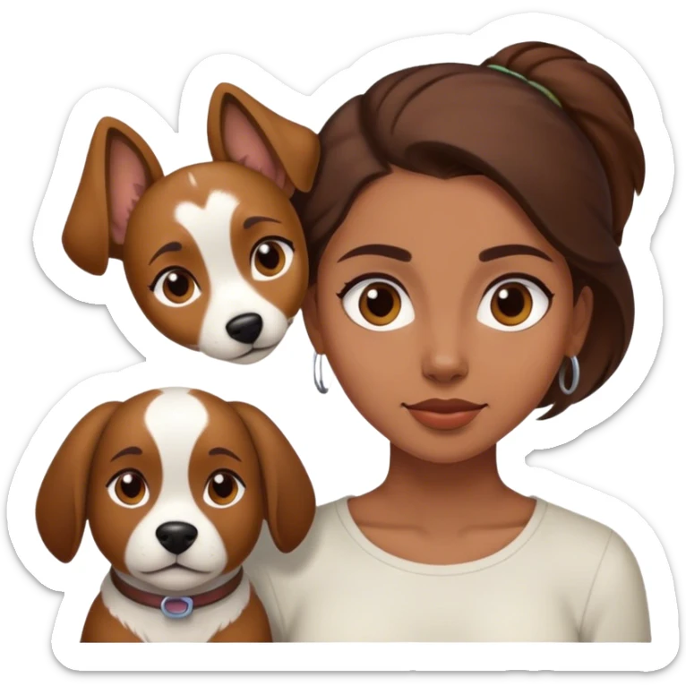 sort, 30 year old, brown girl, back hair, hair to the back, with a white brown dog sticker