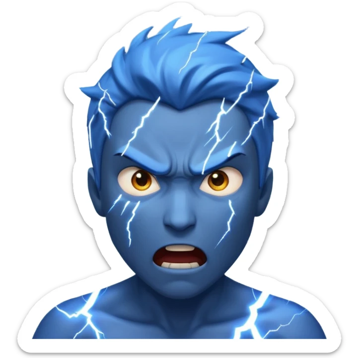 Rayos, centellas y estrellas en una cara color azul con expresiones de furia sticker