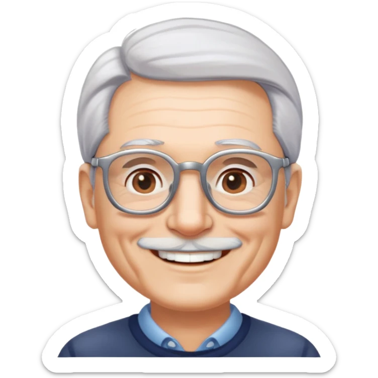 người đàn ông 60 tuổi, da trắng, tóc bạc, mặt cười tươi vui vẻ, đeo kính, nửa thân trên sticker