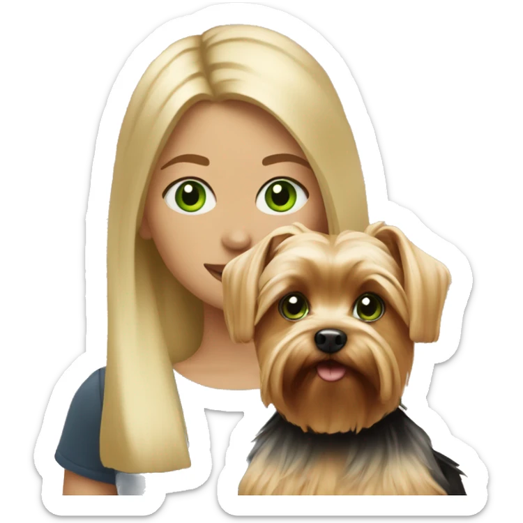 Girl with blond hair and green eyes with yorkie dog sticker