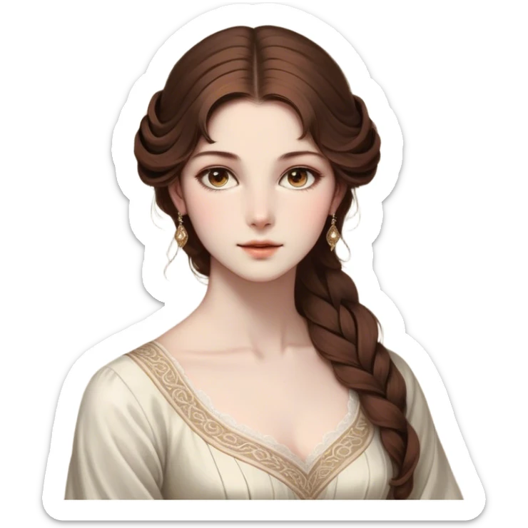 Cinematic Realistic Belle Portrait, depicted with lifelike skin texture, soft natural lighting, and intricately detailed brown hair styled elegantly. Her deep, expressive eyes exude warmth and intelligence, complemented by a serene and graceful expression. She is dressed in her classic attire, with rich fabric textures and delicate folds that catch the light beautifully. The portrait features a soft, enchanting glow with a natural, radiant finish, capturing the essence of timeless beauty in a realistic and painterly style, evoking a sense of depth and authenticity. sticker