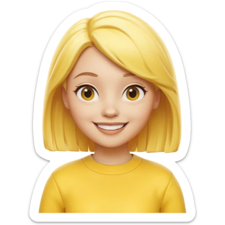 A 3D cartoon female character fully in yellow tones — skin, hair, and outfit all yellow — smiling gently, medium-length hair, cinematic Memoji-style rendering, cohesive with other yellow character sticker