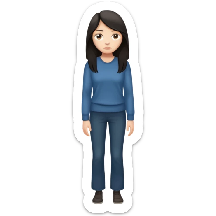 "Cartoon emoji of a woman with long, loose dark hair, wearing plain, simple clothes. Full-height, standing, nervous, unsure, worried expression. Slightly hunched, anxious posture. Smooth, simple, stylized."Eyes looking down or away, avoiding direct contact sticker