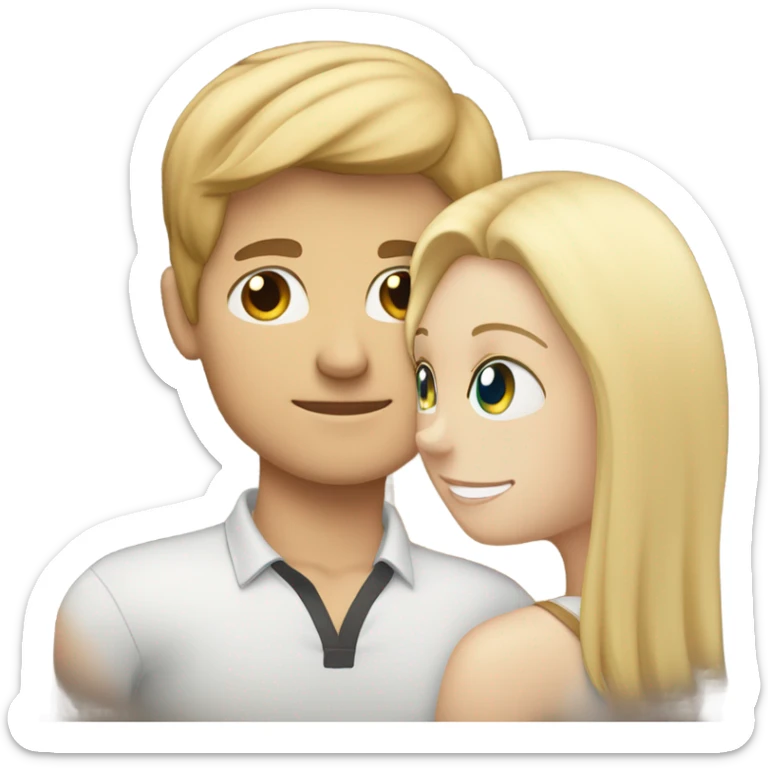White boy with brown hair hugging white girl with blonde hair his head resting on hers sticker