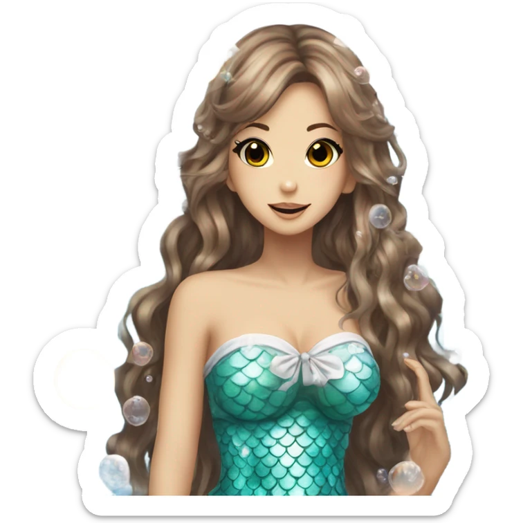 mermaid hime gyaru girl, brown hair, bubbles sticker