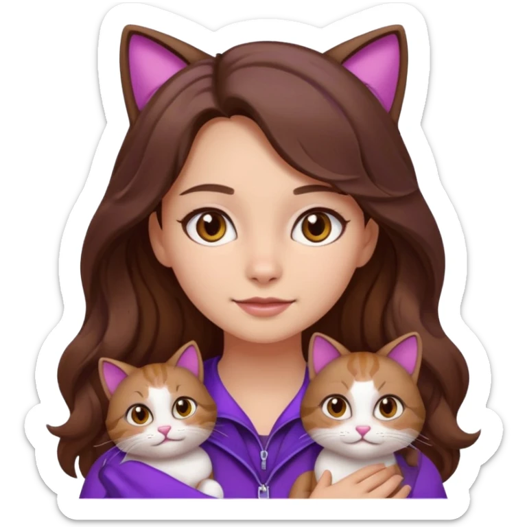 a girl with long wavy brown hair and brown eyes, wearing purple clothes, with a three-color cat, emoji style sticker