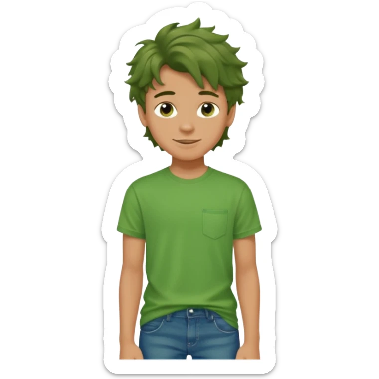 A 14 yerar old teenage boy, tanned, wearing a green t-shirt , blue jeans and green sneakers with brown wavy tousled hair, smirking sticker