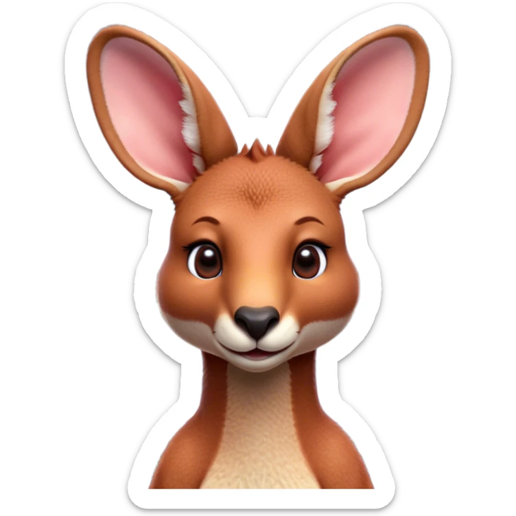 Cinematic Cute Adult Red Kangaroo Portrait Emoji, Head tilted playfully and inquisitively, showcasing a charming, robust build with soft reddish fur and a uniquely red kangaroo-like head featuring a gentle, elongated snout and rounded ears, with large, sparkling eyes full of wonder, Simplified yet irresistibly adorable features, highly detailed, glowing with a warm, friendly glow, high shine, affectionate and lively, stylized with a touch of outback whimsy, soft glowing outline, capturing the essence of a mischievous yet loving kangaroo that seems as if it could hop out of the screen into your arms! sticker