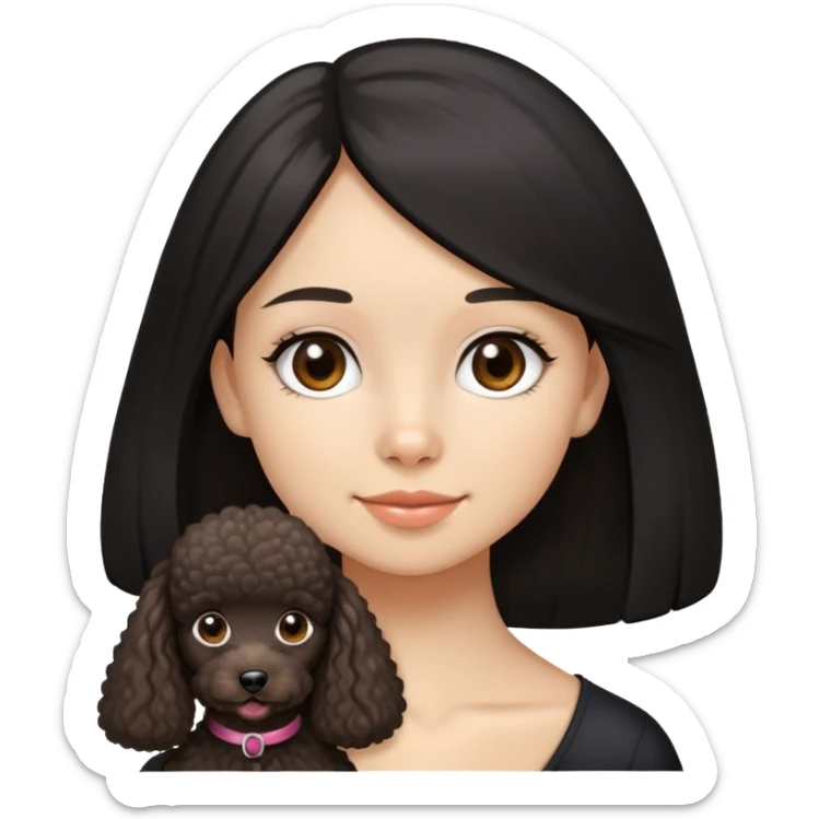 A girl with fair complexion with black long straight hair, dimples and brown eyes and miniature poodle sticker