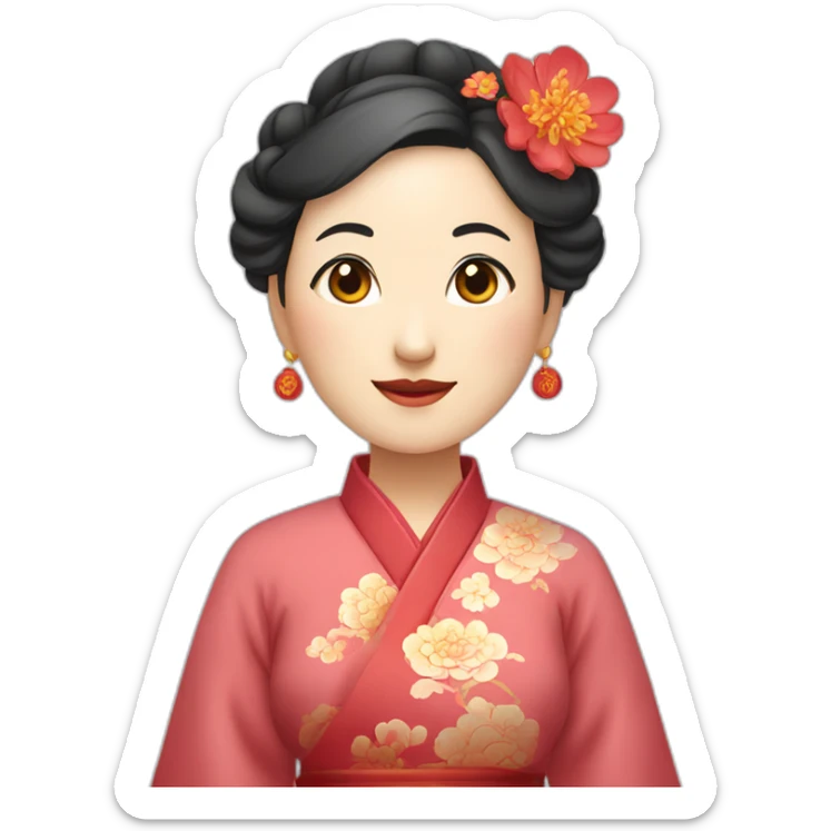 Chinese middle aged lady wear Chinese traditional dresses with a sign of agreeable gesture sticker