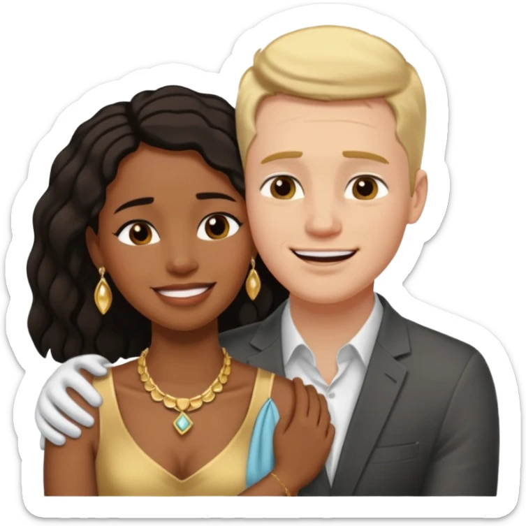 interracial couple. Black smiling woman with nice jewelry. White man crying with his arm around her shoulder. sticker