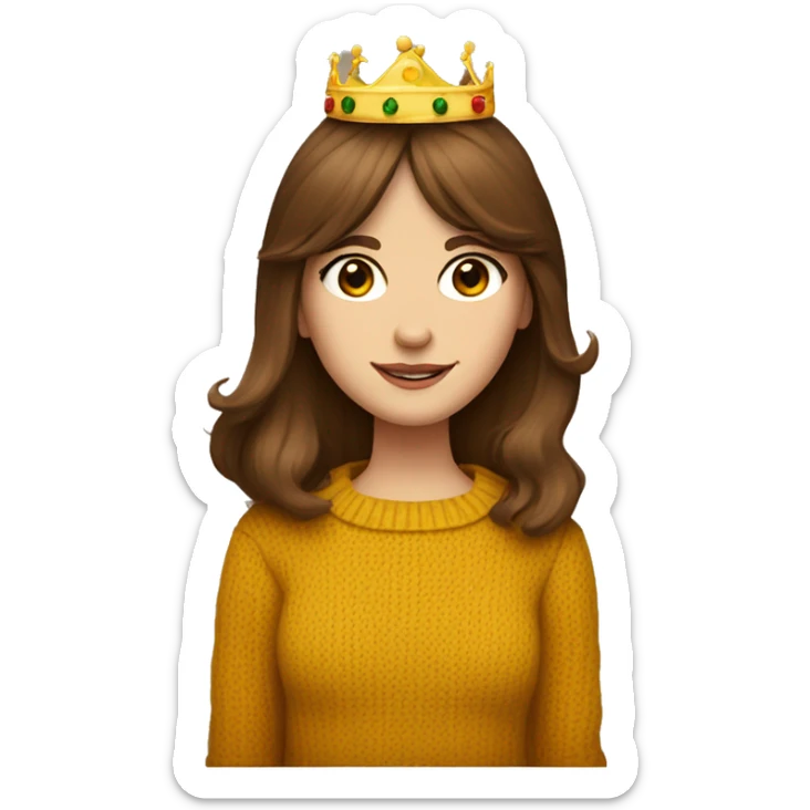 brown haired girl White English woman with long brown hair and face framing layered bangs dressed in a mustard yellow sweater with birthday crown and negroni in hand sticker