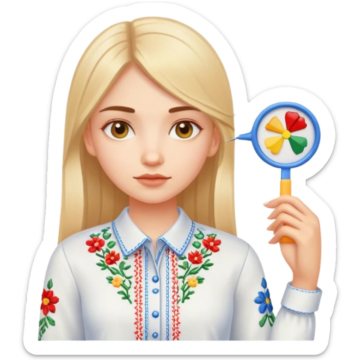 A Ukrainian girl in an embroidered shirt holds a diagram sticker