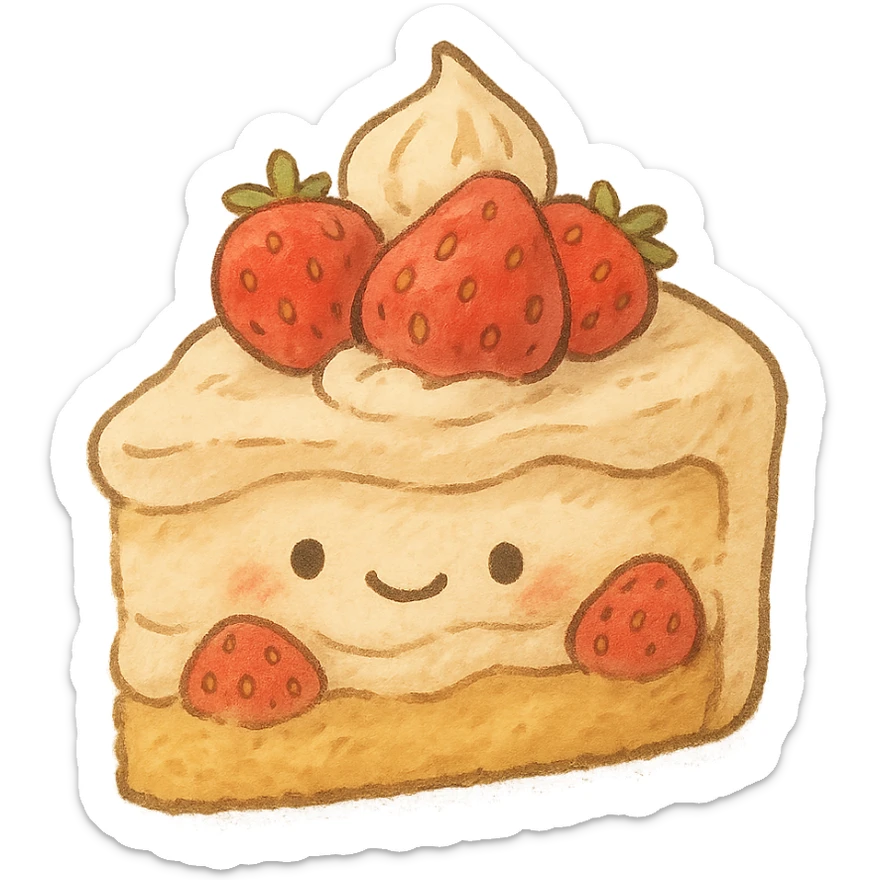 ghibli style cute strawberry cake with whipped cream, smiling face, kawaii, soft light, hand-drawn look sticker