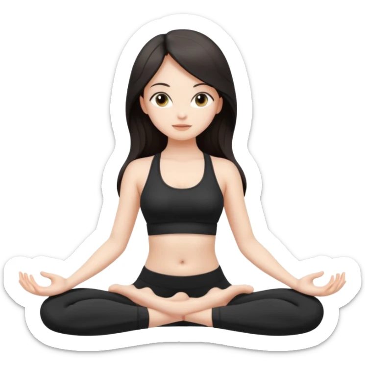 Девушка белокожая, с длинными темными волосами, в черной одежде для йоги, стоит в позе лотоса, в стиле бимбо пилатес, правильные пропорции, только человек, правильные ноги sticker