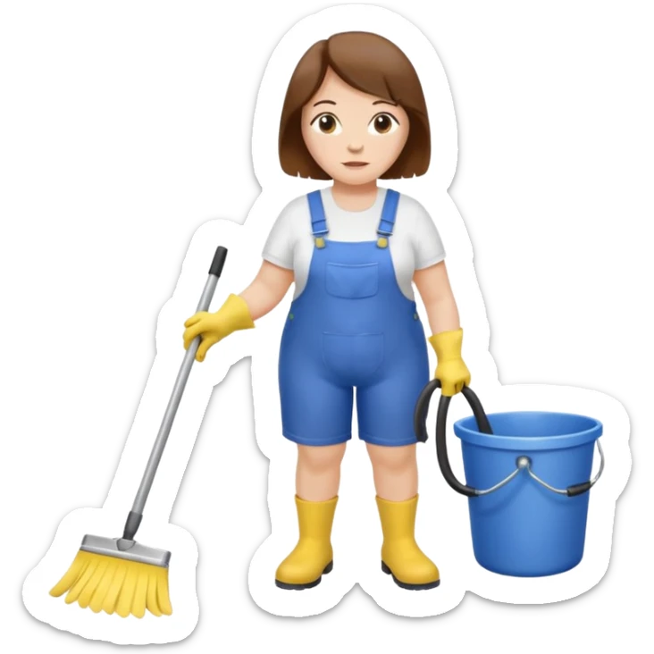 old and fat women, brown hair, Custodian with yellow rubber gloves, white T-shirt, blue overalls, mopping floor sticker