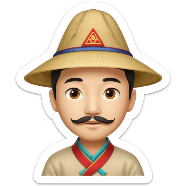 An Asian boy, with little straight mustache and a little beard wearing a traditional triangle Chinese hat sticker