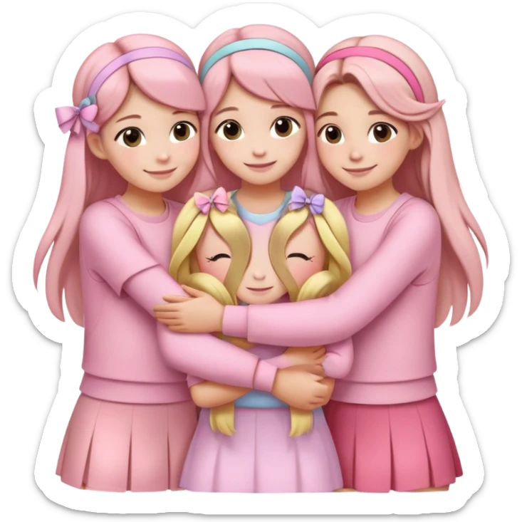 "Four girls hugging each other, all wearing soft pink clothes, two with long hair and two with shoulder-length short hair, smiling, cute iPhone emoji style, with hair accessories like headbands or ribbons, pastel color palette, soft shading, white background" sticker