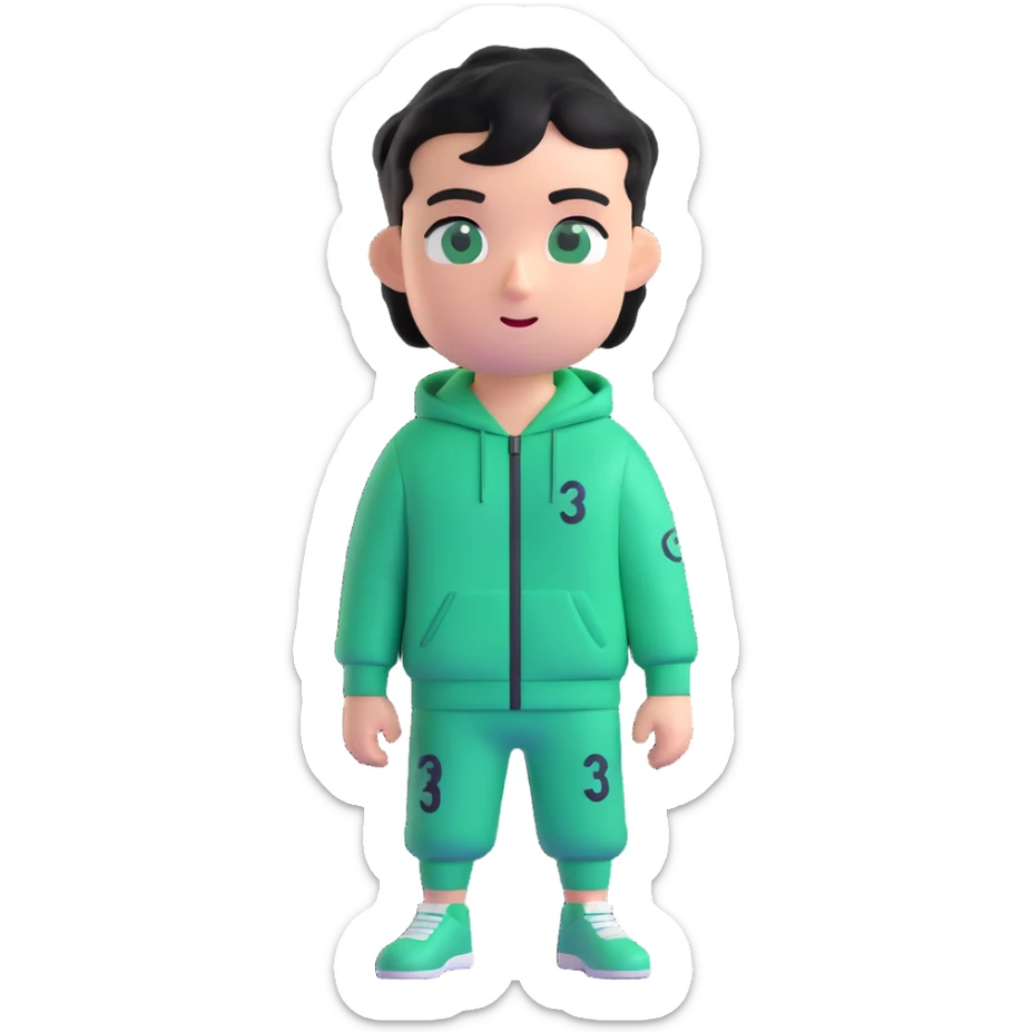 male character in a green Squid Game tracksuit with number 333, smirking, sharp black eyes, messy short black hair, slight stubble, flipping a coin, mysterious and strategic expression, 3D emoji style sticker