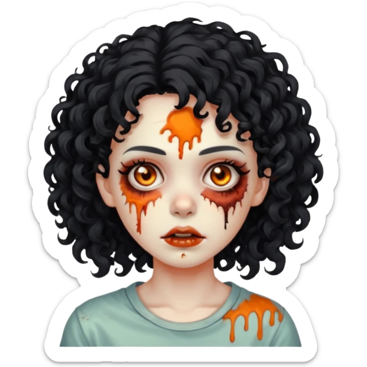 Faça uma garota zumbi de cabelo cacheado preto e uma mecha descolorida meio alaranjada do lado esquerdo sticker