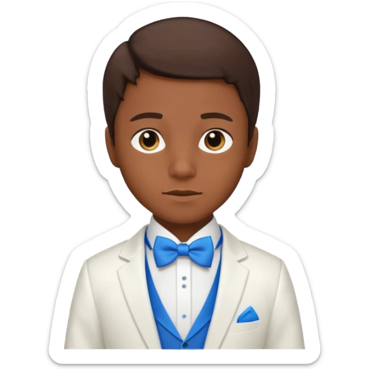 A boy with dark brown skin and I little bit of brown hair and a white tuxedo with a blue tie sticker