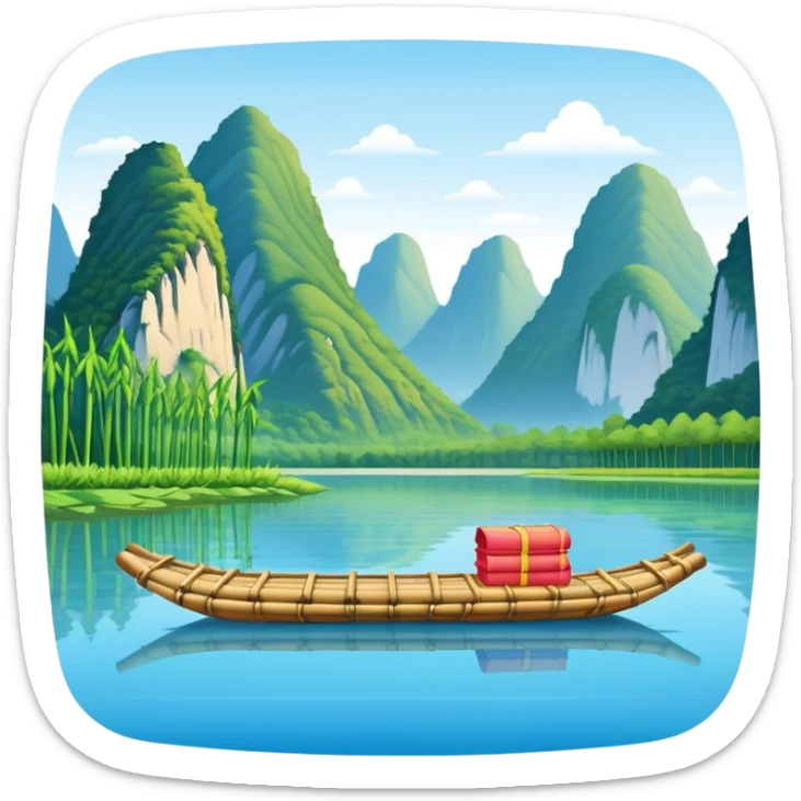 Yangshuo karst peaks with bamboo raft on river Guilin, simplified emoji style with bold outlines and bright colors, cartoon style mountains with clear blue sky sticker