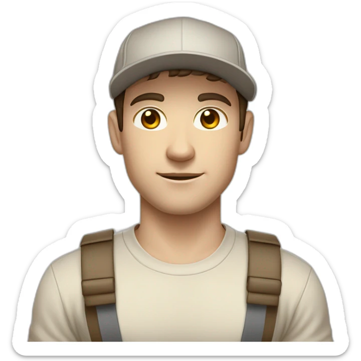 Pale skinned fit Man with dark brown hair in a beige cap, gray jeans, brown polo and white T-shirt keeping a pasted with tape white box into his hands sticker