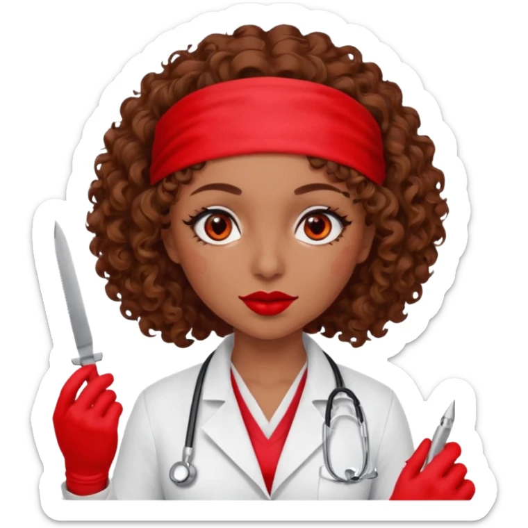 Lilith scalpel in hand, evil surgeon sexy surgeon clothes.  She has red eyes.Her  brown curly hair. Wears sexy doctor outfit with red gloves. Hides mouth necknose with red bandana to hide her identity. Hair is long and brown sticker
