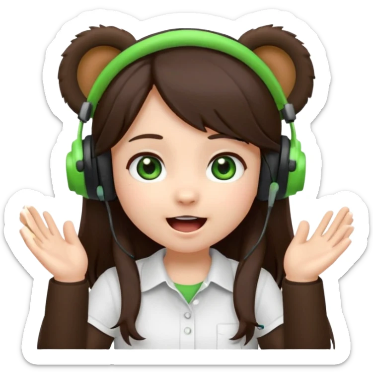 Animated emoji, Chibi girl, long dark brown hair, green eyes, wearing a white shirt and small brown bear ears on a black headset, with wide happy surprised eyes and mouth and clapping excitedly sticker