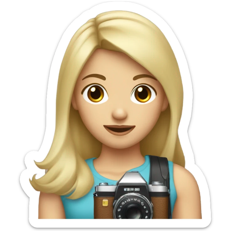 the girl has blond hair with bangs and brown eyes holding a camera sticker