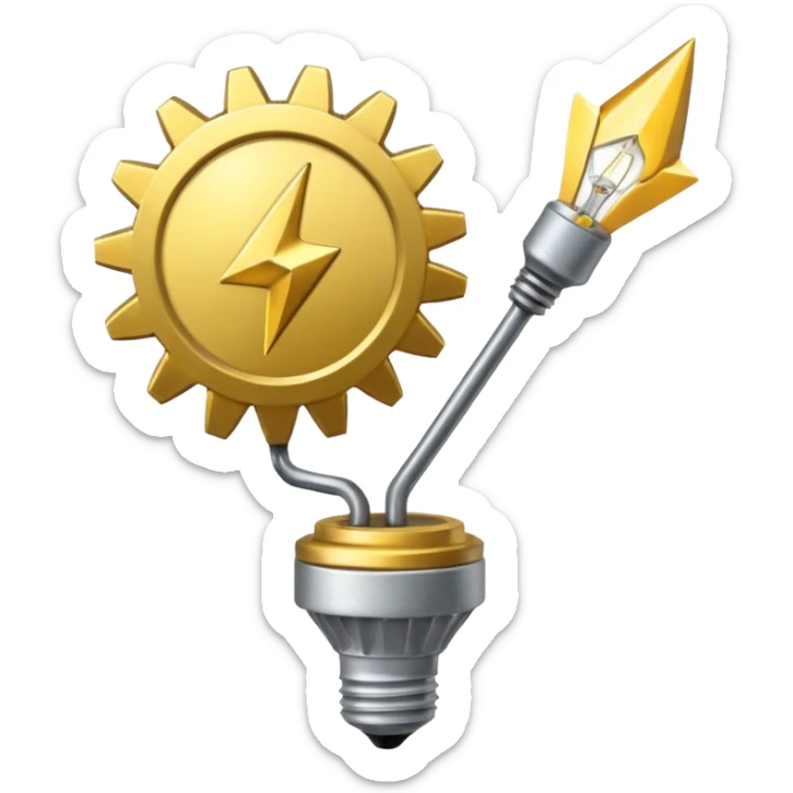 a gear with golden raising arrow behind it on the right side, and then a small golden beaming light bulb on the left side sticker
