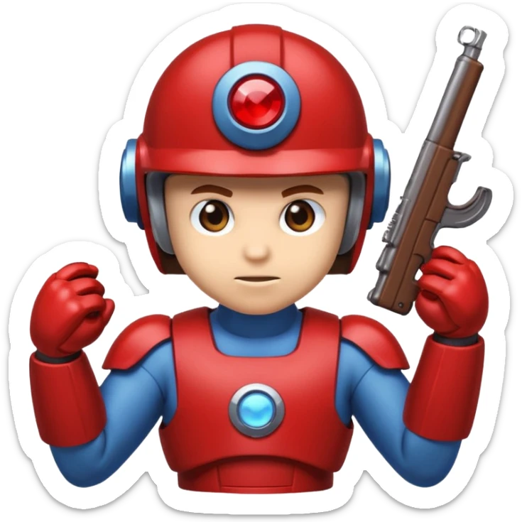 mega man but with the color rootbeer brown shiny like metal with arms for guns and a dark shiney red healmet sticker