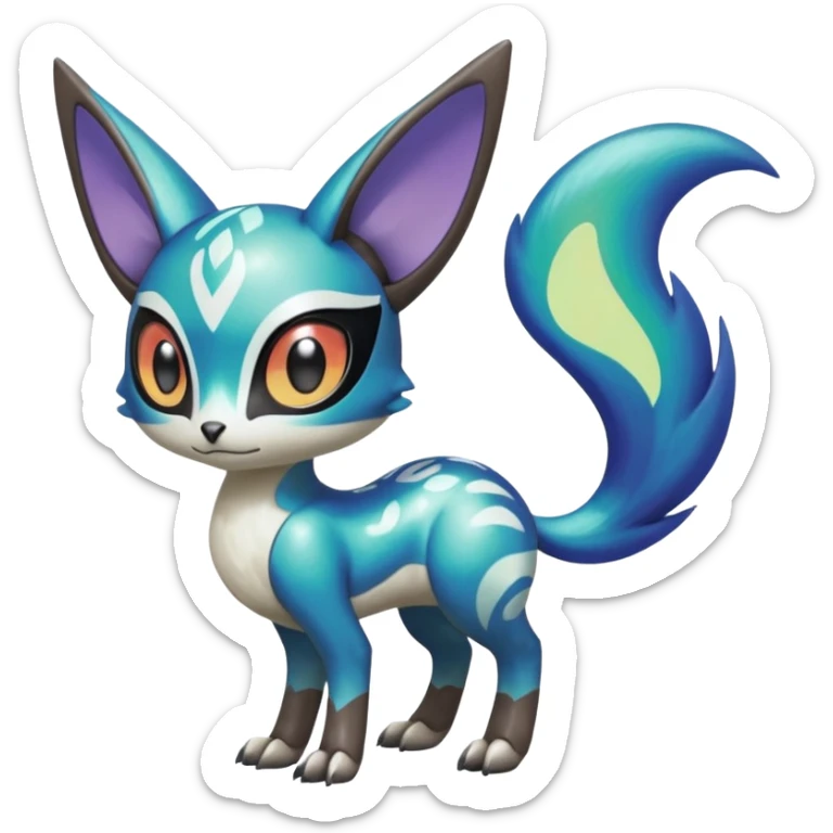Shiny exotic animalistic feral Colorful glowing glossy smooth soft silky Futuristic Cyber-Vernid-Trico-Meloetta-Latias-Koraidon-Peppercat-Protogen-Pokémon-Digimon-Fakémon-fusion-hybrid-creature sticker