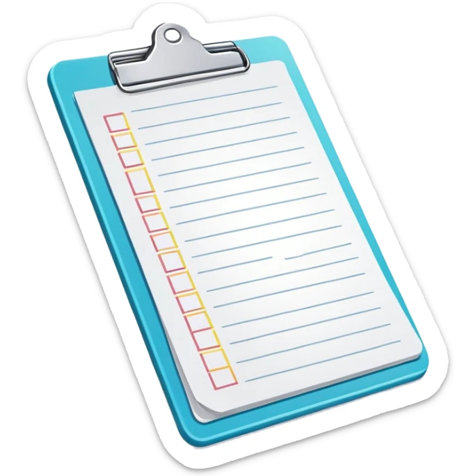clipboard holding a simplified service order paper with faint lines, with a small checkmark symbol, clean vector art, bright colors, isolated sticker