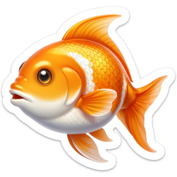 Cinematic Cute Orange and White Goldfish Portrait Emoji, Head tilted playfully and inquisitively, featuring a glossy, vibrant body adorned with a striking mix of orange and white, round, sparkling golden eyes filled with curiosity, Simplified yet irresistibly adorable features, highly detailed, glowing with a warm, friendly glow, high shine, affectionate and lively, stylized with a touch of whimsy, bright and endearing, soft glowing outline, capturing the essence of a mischievous yet loving goldfish, so playful it feels like it could swim out of the screen and into your heart! sticker