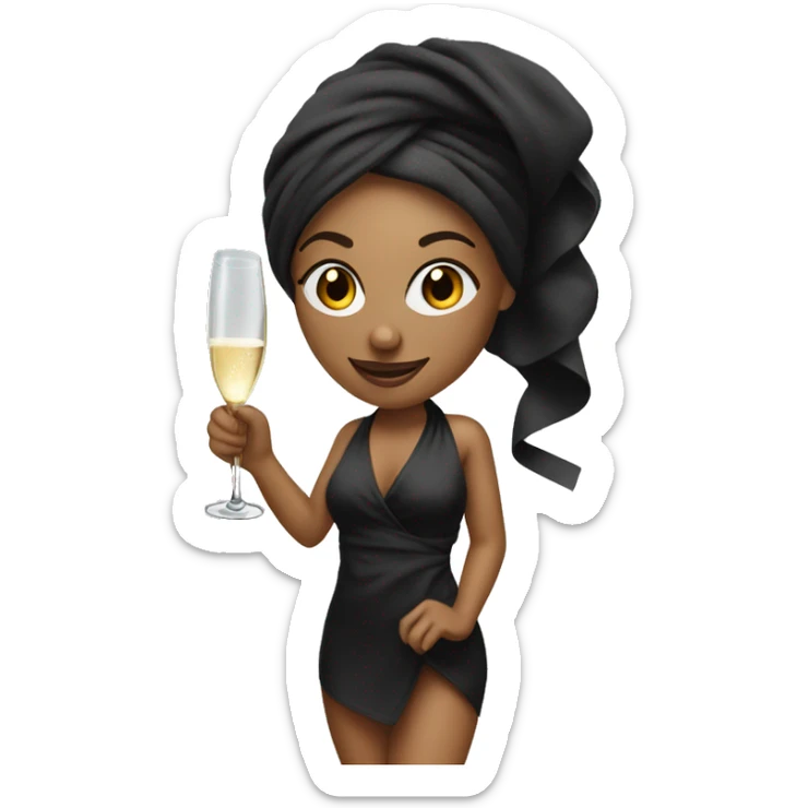 Girl with towel wrapped around hair holding a champagne glass and bottle in black high heels  sticker