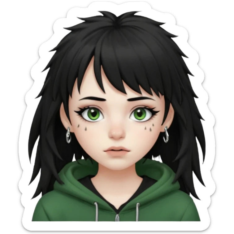 girl with black long layered hair with wispy bangs, pale skin, black t shirt, freckles on nose, dark nude colored lipliner, fluffy lashes, green hooded eyes, black spiky septum ring, eyebrow piercing, blush, thin black eyebrows. sticker