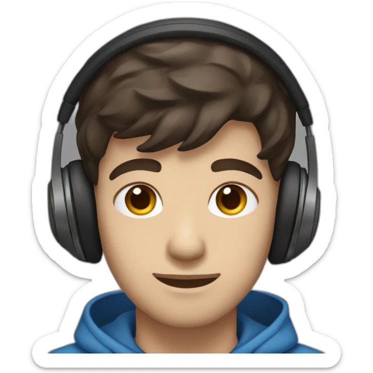 male, dark brown hair, dark brown eyes, headphones, blue hoodie sticker