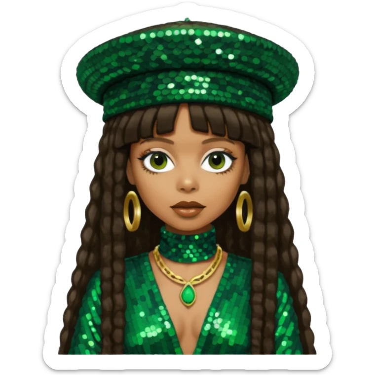 Erykah Badu with dark brown hair, dark green sequin outfit sticker