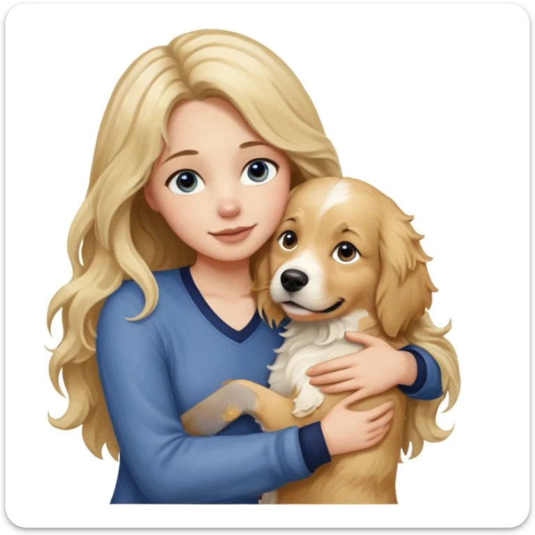20-year-old woman with very long, wavy, blonder dirty blonde hair with brown highlights and dark blue eyes, hugging an English cream golden retriever, sunset background, affectionate and playful sticker
