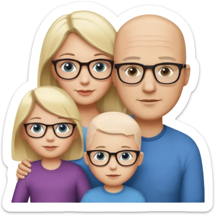 Eigene Familienbild mit 3 Personen; Mutter dunkle Augen und dunkle lange Haare mit Brille; Vater mit Glatze und Blaue Auge, kleinkind mit blonden Haaren und dunklen Augen sticker