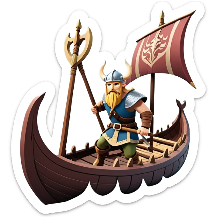 clash-of-clans-aesthetic_-cinematic-viking-longboat, rendered in a flat, bold vector style with minimal shading, featuring a striking dragon-headed prow slicing through icy, churning waters. shields on the side and vikings rowing The longboat’s intricately detailed shields and carved motifs evoke a sense of epic adventure and Nordic might, with billowing sails catching a dramatic, stormy sky backdrop. sticker