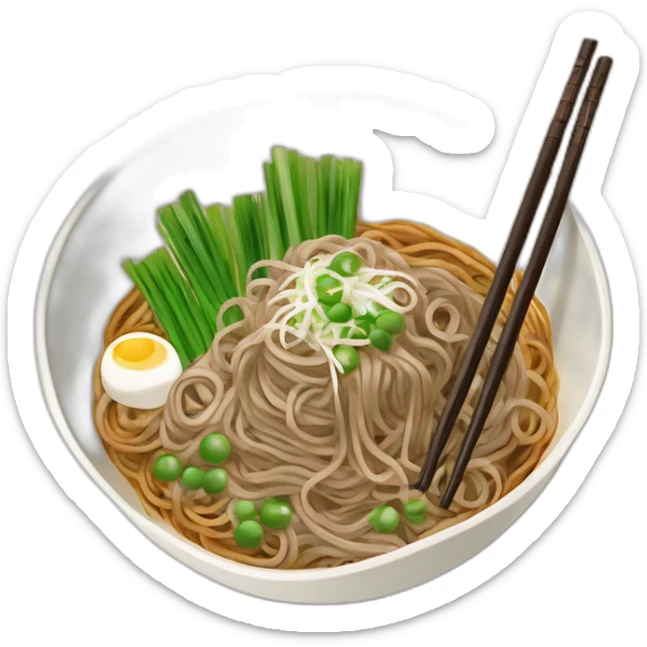 bowl of japanese buckwheat soba noodles with two chopsticks and spring onions sticker