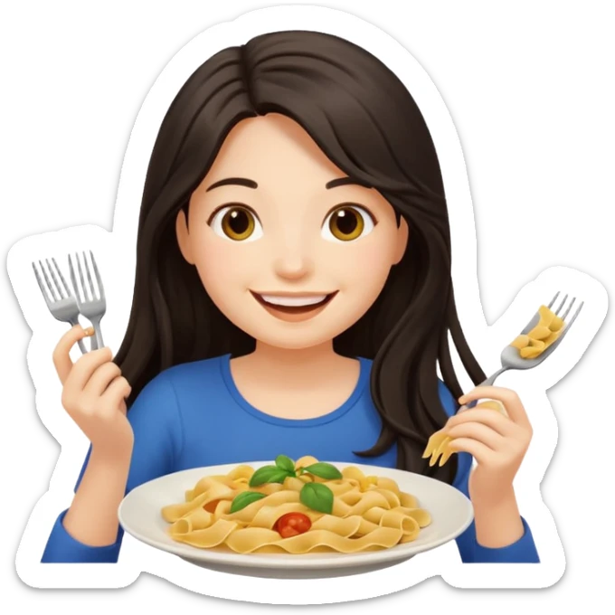 chica joven con piel clara y pelo oscuro largo comiendo un plato de pasta que parezca un emoji de iphone (sistema ios) sticker