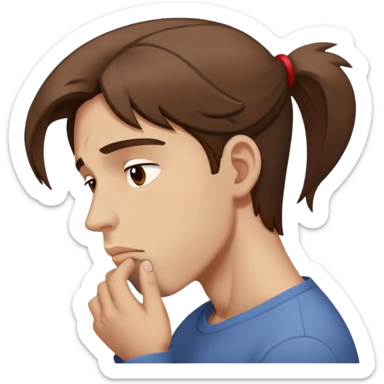 a man with brown hair staying in a
full height in profile with anxiety and begging face with a broken heart sticker