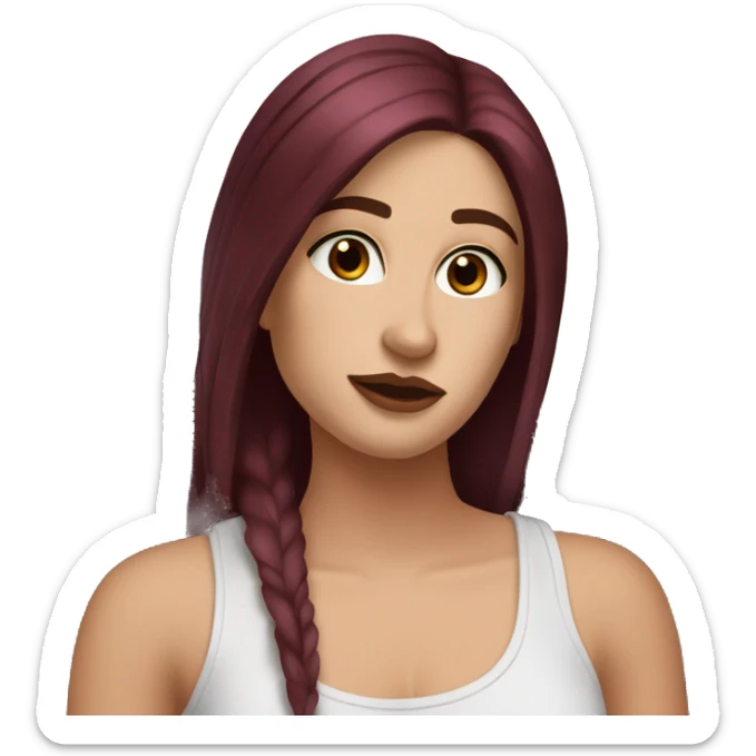 white girl, long straight middle part burgundy hair, brown eyes, long eyelashes, full lips, black tank top sticker