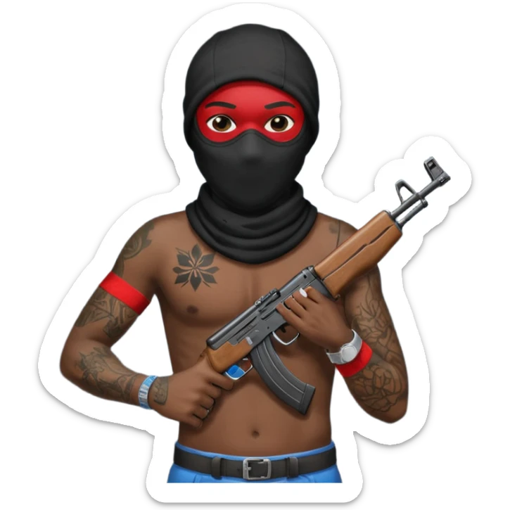 Gang member wearing a ski mask no shirt with tattoos holding AK 47 sticker