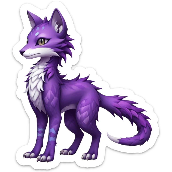Kawaii dark purplish edgy fantasy ethereal feline-vernid-sergal-fursona animal creature with a tufted tail full body with intricate markings  sticker